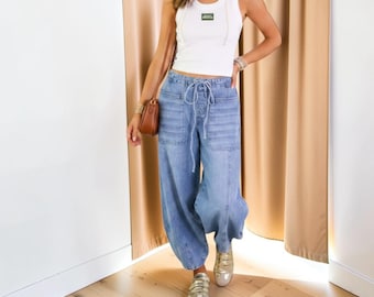 Denim Barrel Jeans Drawstring Waist Wide Leg Trousers