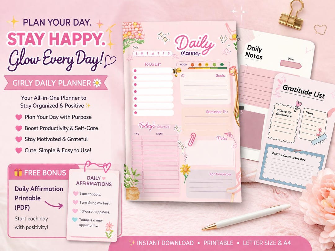 Girly Daily Planner Printable | Pink to Do List, Gratitude, Notes ...