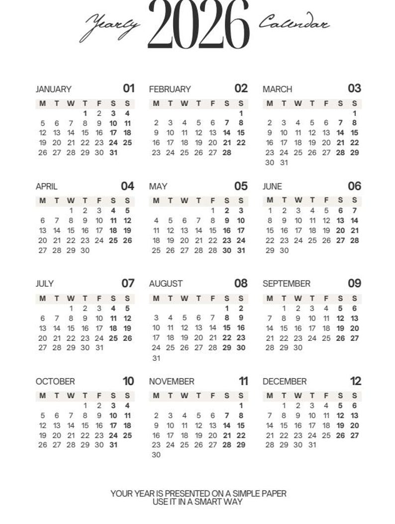 2026 Monatsplaner | Minimalistischer Kalender PDF (Digitaler Download