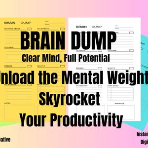 Könnte beinhalten: Ein digitales Produkt mit druckbaren "Brain Dump" Blättern in Gelb, Weiß und Grün. Die Blätter enthalten Aufforderungen zum Ordnen von Gedanken, Träumen und Sorgen. Der Text enthält "Clear Mind, Full Potential" und "Unload the Mental Weight."