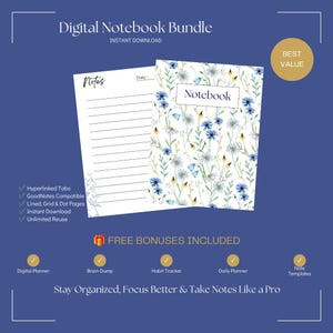 May include: A digital notebook bundle featuring a floral cover with blue and yellow wildflowers and a lined notes page. Text includes Digital Notebook Bundle, Notebook, Best Value, Free Bonuses Included, and a list of features and planner types.