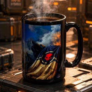 May include: A black ceramic mug filled with a steaming dark liquid. The exterior features a graphic print of a dark, rocky landscape under a cloudy sky, with a draped flag displaying a red skull emblem centered within a black and yellow circular design.