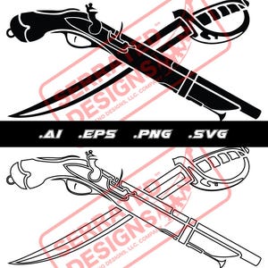 May include: Black and white graphic of a crossed flintlock pistol and a saber. The design includes the text "DESIGNS" and file type indicators .AI, .EPS, .PNG, and .SVG. A red rectangular stamp with text is in the background.