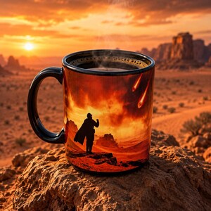 May include: A black ceramic mug featuring a printed graphic of a silhouetted figure in a cape standing on a rocky outcrop in a desert landscape under a fiery orange sky with falling meteors. The mug contains a dark liquid with visible steam rising.