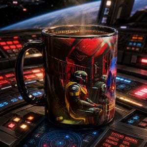 May include: A black ceramic mug featuring a graphic print of two armored figures in a cockpit. The mug contains a dark liquid with visible steam rising from the top. The design includes red and yellow accents, and the mug is positioned on a console.