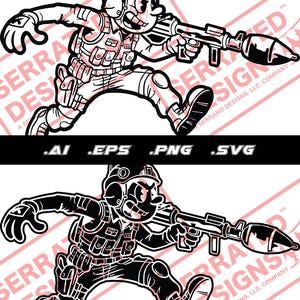 May include: Black and white cartoon illustration of a soldier running and holding a rocket launcher. The soldier is wearing a helmet, vest, and knee pads. The image includes the text ".AI .EPS .PNG .SVG" and the "SERRANO DESIGNS, LLC. COMPANY" logo.