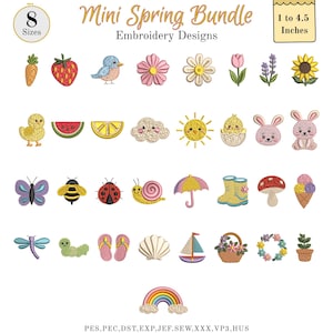 Mini diseño de bordado a máquina de primavera, lindos íconos de Pascua y verano, pequeñas frutas florales, diseños de animales, 8 tamaños, descarga instantánea