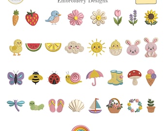 Mini Spring Machine Embroidery Design, Cute Easter and Summer Icons, Small Floral Fruit, Animal Designs, 8 Sizes, Instant Download