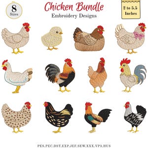 Diseños de bordado de pollos para máquina, bordado de aves de granja pequeñas, asador, pollo de Acción de Gracias, PES DST, 8 tamaños, descarga instantánea