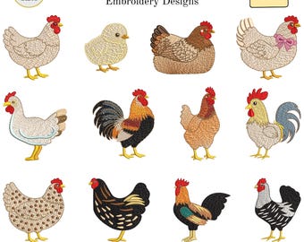 Chicken Embroidery Machine Designs, Small  Farm Bird Machine Embroidery, Roaster, Thanksgiving Chicken, PES DST,  8 Sizes, Instant Download