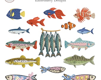 Mini Fish Embroidery Bundle, 16 Ocean Tropical Fish Machine Designs, Trout Clownfish Tuna Sardine , 6 Sizes, PES DST VP3, Instant Download