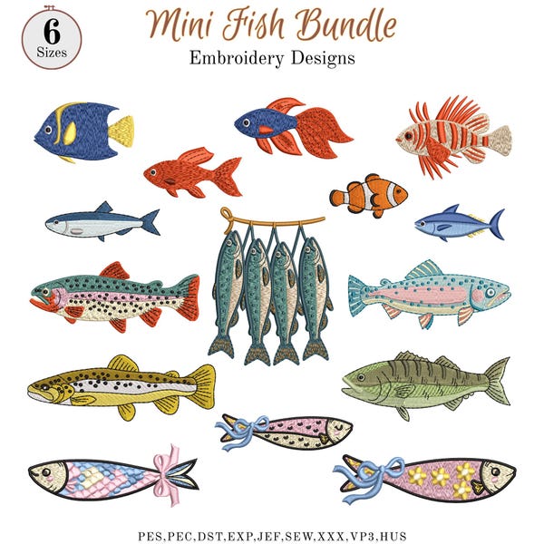 Mini Fish Embroidery Bundle, 16 Ocean Tropical Fish Machine Designs, Trout Clownfish Tuna Sardine , 6 Sizes, PES DST VP3, Instant Download