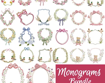 Floral Monogram Embroidery Bundle, Bow Wreath Frames, Baby Nursery, Wedding Monogram Designs, Vintage Floral Frames, Instant Download