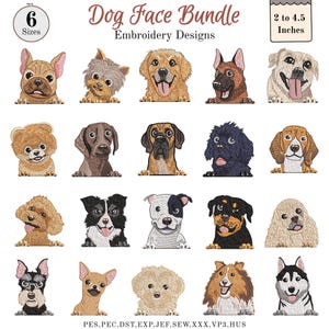 Puede incluir: Un conjunto de diseños de bordado de caras de perros. La imagen incluye varias razas de perros, cada una con una expresión única. Los diseños varían de 5,08 a 11,43 cm. Se muestra el texto "Dog Face Bundle" y "Embroidery Designs".