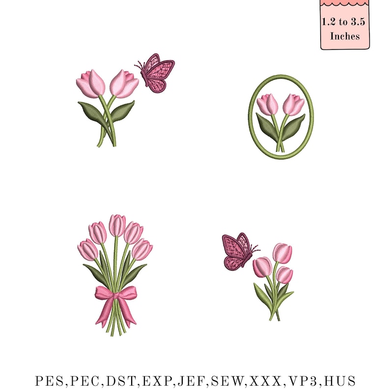 Tulip Embroidery Machine Design, Pink Tulip Bouquet With Bow, Spring ...