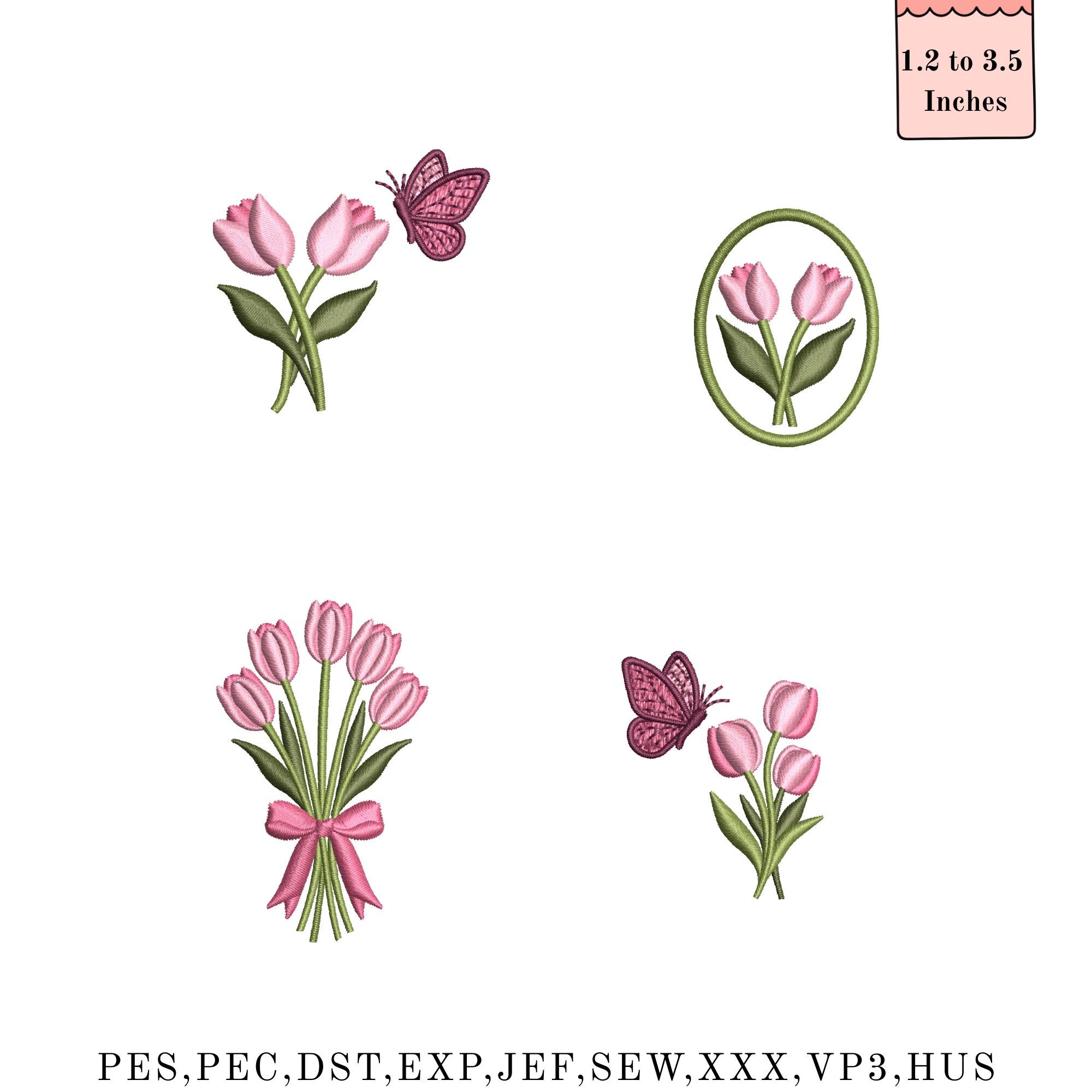 Tulip Embroidery Machine Design, Pink Tulip Bouquet With Bow, Spring ...