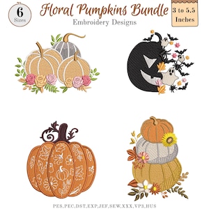 Broderimönster med blommiga pumpor, 4 höstpaket, staplade pumpor och solrosor, maskinbroderi med kökshanddukar för Thanksgiving