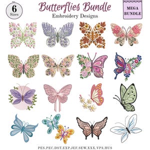 Fjärilsbroderidesignpaket, blommiga fjärilsbroderifiler, vintage botanisk vårfjärilsset, omedelbar nedladdning