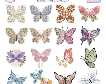 Butterfly Embroidery Design Bundle, Floral Butterfly Machine Embroidery Files, Vintage Botanical Spring Butterfly Set, Instant Download
