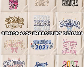 Senior 2027 Embroidery Designs Bundle, Class of 2027 Machine Embroidery Files, Varsity Bow Floral Graduation Set, Instant Download