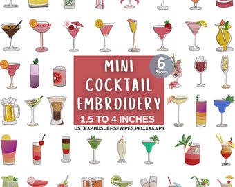 Mini Cocktail Embroidery Designs Bundle, Sketch Drink Machine Embroidery Pack, Bar Towel Martini Margarita Pattern, Instant Download Pes Dst