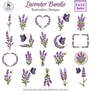 May include: A selection of lavender embroidery designs, featuring sprigs, wreaths, and butterflies. The designs vary from 5 to 14 cm in size. The text "Lavender Bundle Embroidery Designs" is at the top. The designs are in shades of purple and green.