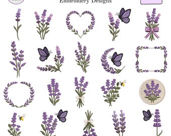 Lavender Embroidery Design Bundle, Floral Wreath Frame Machine Embroidery Files, Purple Flower Bouquet Butterfly, 8 Sizes, Instant Download