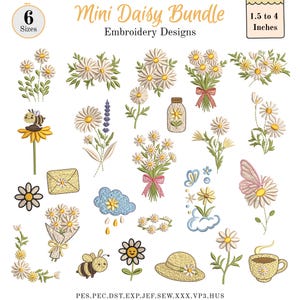 Puede incluir: Una colección de diseños de bordado de mini margaritas. Los diseños incluyen margaritas, abejas, mariposas, una nube, un sombrero y una taza de café. Los diseños varían de 3,8 a 10,2 cm. Se muestra el texto "Mini Daisy Bundle Embroidery Designs".