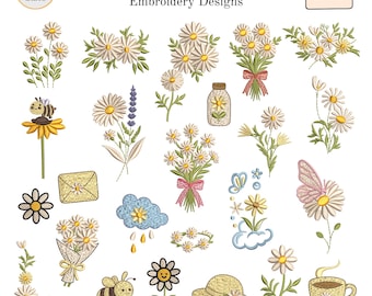 Mini Daisy Embroidery Bundle, Chamomile Flower Machine Designs, Bee Butterfly Mason Jar, 6 Sizes, PES DST VP3 etc. Instant Download