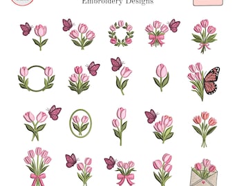 Tulip Embroidery Machine Design, Pink Tulip Bouquet with Bow, Spring Flower, Floral Wreath, Butterfly Tulip, Instant Download