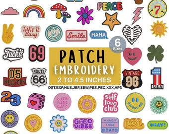 Trendy Patch Embroidery Designs Bundle, Retro Hat Patch Machine Embroidery Files, Y2K Smiley Face Patches, Instant Download Pes Dst Set