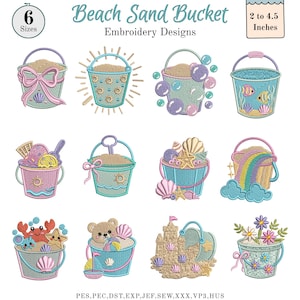 Puede incluir: Una colección de diseños de bordado de cubos de arena de playa. Los diseños incluyen cubos con arena, lazos, conchas marinas y otros elementos temáticos de playa. El texto de la imagen dice "Beach Sand Bucket Embroidery Designs" y "5.08 a 11.43 cm".