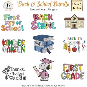May include: A collection of embroidery designs with a back-to-school theme. Designs include school buildings, stacks of books, and phrases like "First Day of School" and "Back to School." The designs range from 2.5 to 5 inches in size.