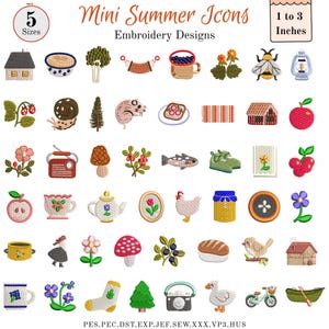 Könnte beinhalten: Eine Sammlung von gestickten Designs zum Thema Sommer, darunter ein Haus, eine Schüssel, ein Baum, Beeren, eine Biene, eine Laterne, eine Erdbeere, eine Schnecke, ein Kiefernbaum, eine Maus, Essen, ein Teppich, eine Hütte, ein Apfel, eine Blume, ein Radio, ein Pilz, ein Fisch, ein Schuh, eine Blume, Kirschen, ein Apfel, eine Teetasse, eine Teekanne, ein Ei, ein Huhn, ein Glas, ein Knopf, eine Blume, eine Tasse, ein Mädchen, eine Blume, ein Pilz, Beeren, Brot, ein Vogel, ein Haus, eine Tasse, Blumen, eine Socke, ein Baum, ein Korb, eine Ente, ein Fahrrad, ein Boot. Der Text lautet "Mini Summer Icons Embroidery Designs".
