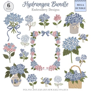 May include: A collection of hydrangea embroidery designs in various styles, including bouquets, floral arrangements in vases and baskets, and a decorative frame. The designs feature blue and pink flowers with green leaves. The text "Hydrangea Bundle" and "Embroidery Designs" is visible.