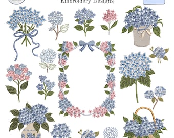 Mini Hydrangea Machine Embroidery Design, Floral Monogram Frame, Blue Bouquet, Vintage Garden, Hampton Style, 6 Size, Instant Download