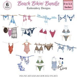 May include: A collection of beach bikini embroidery designs, including various styles and colors. The designs are displayed on clotheslines, with some featuring text like "sea, salt, sun" and "tan lines and sunshine." The designs range from 3 to 5.5 inches.
