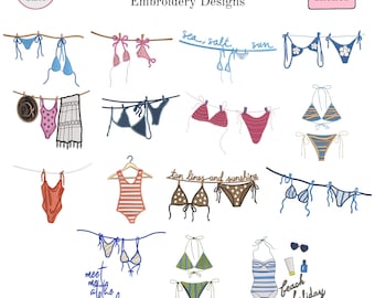 Beach Bikini Embroidery Designs Bundle, Summer Swimsuit Machine Embroidery Pack, Tote Bag Towel Pattern, Instant Download Pes Dst Files
