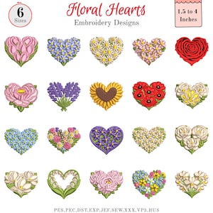 Puede incluir: Una colección de diseños de bordado de corazones florales. Los diseños incluyen varias flores como tulipanes, margaritas, rosas y girasoles, cada una dispuesta en forma de corazón. Los diseños varían de 3,8 a 10,2 cm.