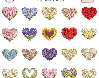 May include: A collection of floral heart embroidery designs. The designs include various flowers such as tulips, daisies, roses, and sunflowers, each arranged in a heart shape. The designs range from 1.5 to 4 inches in size.