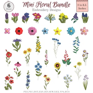 May include: A collection of mini floral embroidery designs in various colors, including lavender, pink, blue, yellow, and red. The designs range from 1 to 3.5 inches in size. The text "Mini Floral Bundle Embroidery Designs" is at the top.