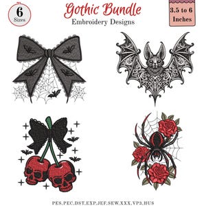 Puede incluir: Una colección digital titulada Gothic Bundle Embroidery Designs que presenta cuatro patrones: un lazo negro con telarañas y murciélagos, un murciélago ornamentado, un lazo negro con dos cerezas de calavera rojas y una araña con rosas rojas. Tamaños de 3,5 a 6 pulgadas.