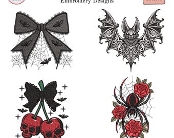 Gothic Embroidery Designs Bundle, 4 Halloween Machine Embroidery Pack, Bat Spider Skull Cherry Coquette Set, Pes Dst Instant Download Files