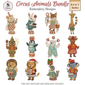 Peut inclure: Ensemble de motifs de broderie représentant des animaux de cirque, dont une souris, un lapin, un renard, une girafe, un hibou, un pingouin, un ours, un cerf, un hérisson, un lion, un phoque et un éléphant. Chaque animal est vêtu d'une tenue de cirque et se tient sur une plateforme rayée. Les motifs mesurent de 8,89 à 17,78 cm.