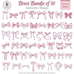 May include: A collection of 50 pink embroidery designs of bows, ranging from 1.5 to 4 inches in size. The image includes various bow styles, from simple to ornate, with the text "Bows Bundle of 50 Embroidery Designs".
