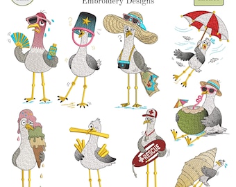 Funny Seagull Embroidery Designs Bundle, 9 Beach Cartoon Machine Embroidery Pack, Summer Vacation Coastal Set, Pes Dst Instant Download