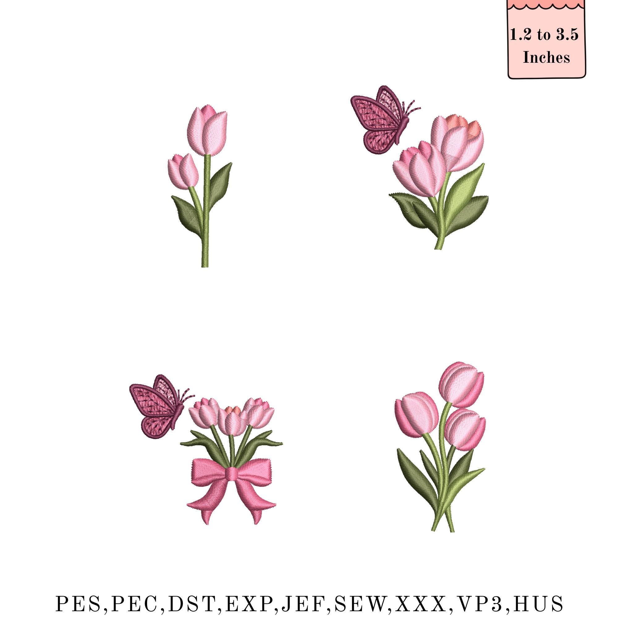 Tulip Embroidery Machine Design, Pink Tulip Bouquet With Bow, Spring ...