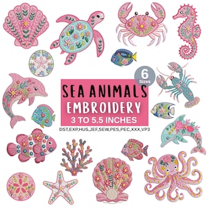 May include: A collection of sea animal embroidery designs featuring a shell, turtle, crab, seahorse, dolphin, lobster, octopus, starfish, and various fish. The text reads SEA ANIMALS EMBROIDERY 3 TO 5.5 INCHES and lists file formats DST, EXP, HUS, JEF, SEW, PES, PEC, XXX, VP3.
