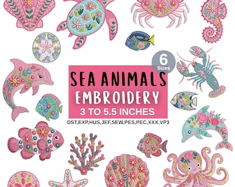 Boho Sea Animal Embroidery Designs Bundle, 18 Floral Ocean Machine Embroidery Pack, Turtle Dolphin Crab Set, Pes Dst Instant Download Files