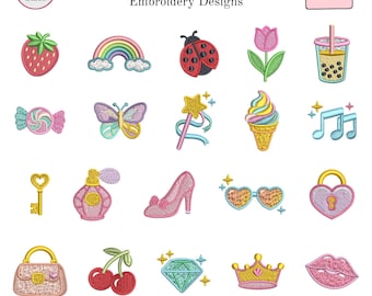 Coquette Girly Embroidery Machine Icons, Cute Mini Quirky Chic Girly Icon, Strawberry, Cherry, Crown, Lip, Fashion, 8 Size, Instant Download